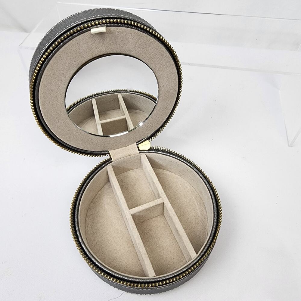 Hive & Honey Silver Round Jewelry Travel 5x3" Case Vanity Mirror & Draw String